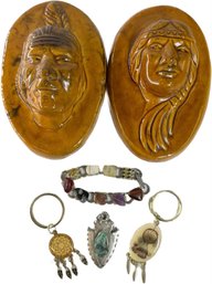 A Pair Of Wooden Carved Native Indian Face By Anna Briggle & Keychains And Many More, 9'