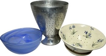 Metal Decorative Waste Bin From India (11in Tall) With Blue Serving Bowl And Ceramic Planter With Drip Tray