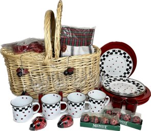 Ladybug-themed Picnic Set For Four With Basket, Candles, Plates, Mugs, Tablecloth And More