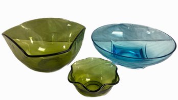 Green And Blue Glass Bowls -  Largest Is 10x9x5, Smallest Is 5.5x5.5x3.5