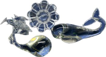 Glass Dolphin Statue, Pair Of Glass Whales, And Glass Flower Dish