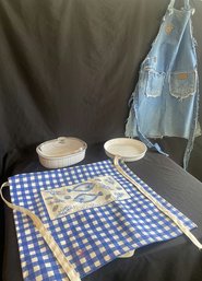 2 Aprons, (Wrangler Jean And Kay Dee Designs) Corning Ware White Tart Dish 10.5, Casserole Dish With Lid 11x9