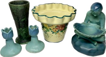 Van Briggle Pottery- Flower Pot, Hand Made Vase, 2 Blue Tulip Candlestick Holders, Blue/green Garden Decor