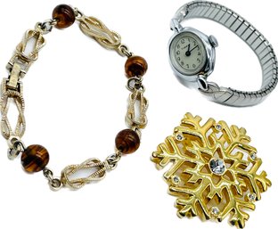 Vintage Ladies Watch, Timex, Silvertone. Snowflake Brooch With Gemstones, Goldtone & Brown Beads Bracelet