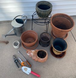 Various Planting Pots With Trays (Clay Pots And Decorative Pots) With Misc Tools And Watering Can