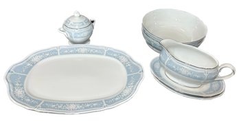 'Noritake'  Lacewood White And Light Blue: Serving Platter, Bowl, Gravy Boat, S& P Shakers, Sugar Dish
