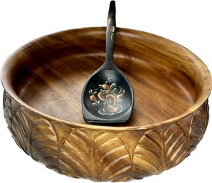 Genuine Monkey Pod Carved Wood Bowl And Decorative Painted Wood Spoon