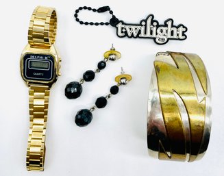 Vintage Metal Cuff Bracelet. Rubber Twilight Keychain. Black Pierced Earrings. Goldtone Digital Ladies Watch.