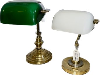 Pair Of Brass Table Lamps With Green And White Shades