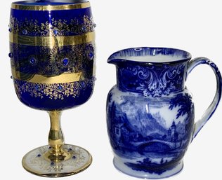 Geneva Royal Boulton Burslem England Clay Pitcher, Venetian Blue Glass Jeweled Chalice