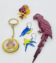 Two Parrot Brooches, Gemstones, One Marked Copenhagen, Denmark, Keychain, Parrot Pierced Earrings