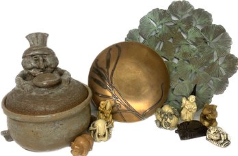 Clay Pottery, Sterling On Bronze Pat. Aug. 27 12 Plate, Ginko Leaf Metal Sculpture Plate, Various Figurines