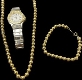 Shiny Goldtone Napier Necklace And Matching Bracelet. Gold Tone And Silver Tone Watch.