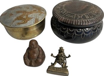 Pair Of Small Lidded Bowls (4in)& Miniature Buddhist Figurines (1.5in)