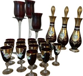 3pcs Glass Gold Enamel Ruby Red Vodka Sake Decanter W/ Lid & 17 Shot Glasses, 3 Candle Holder