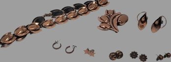 Vintage Copper Designer Renoir Broche & Earrings. Collection Of Earrings. Renoir Style Necklace.