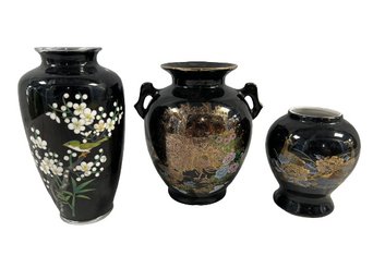 Black Floral Pottery, One From Taiwan - Tallest Vase Is 4x4x7