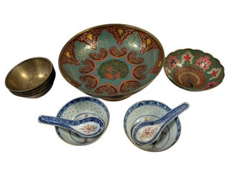 Asian Style Bowls And Serving Spoons. Largest Bowl Is 10x10x4