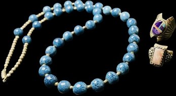 Blue Beaded Necklace - Sterling Rings With Gemstones.