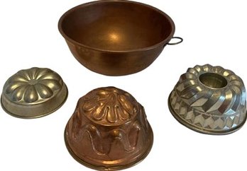 Vintage Copper Bowl (12x5) & Various Metal Molds (6.5-7.5)