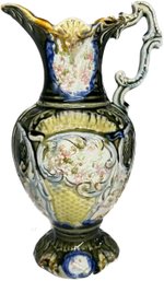 An Elegant European Majolica Pottery Pitcher In Detailed Floral Design, 9'