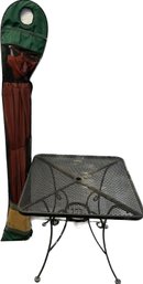 Garden Treasures Shanghai Umbrella In Red And A Black Coffee Table Or Outdoor Table - 30Lx30Wx28H