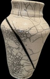 Crackle Design Pottery Vase. Signed By Artist - 10' Height
