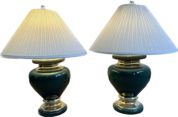 Pair Of Green Brass Table Lamps- 29in Tall, 11in Wide Around Middle, Shade Has Diameter Of 24in