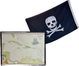 The Caribbean Framed Map Listing Sailing Ships Of The Royal Navy-wrecked Or Lost (25x33), Pirate Flag(35x21.5)