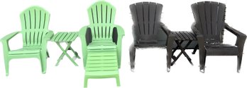 Green & Brown Plastic Adirondack Chairs (31x30x36) With Folding Tables(15x17x20) & 1 Footrest