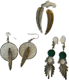 A Stunning Vintage Dreamcatcher Earrings, Bronze Feather And Turquoise Earrings - 3pcs