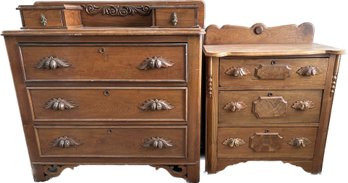 Antique Dresser (42x18x41) With Matching Chest Of Drawers (29x18x35 Missing 1 Wheel)- Shows Some Wear