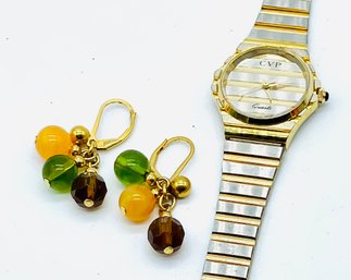 Vintage Ladies Watch, Goldtone & Silvertone, Untested-CVP. Gemstone Beads Pierced Earrings.