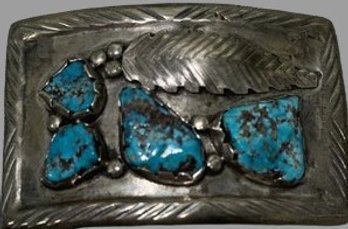 Vintage Sterling Turquoise Cluster Belt Buckle (3x1.75)