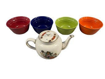 Floral Teapot Produced In England 9x5 Inch Rachel Ray Colorful Double Ridge Bowls 6x3.5inch