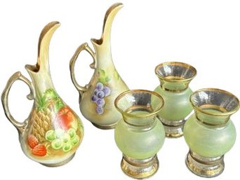 Ewer / Pitcher Set Of 2 Handpainted Ucagco Ceramics Japan And 3 Glassware