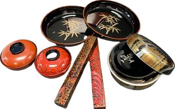 Plastic Trays, Rice Bowls, Chopsticks, Burnt, Orange, And Black