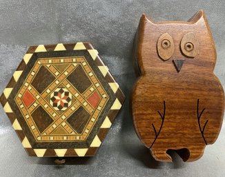 Two Decorative Wooden Jewelry Boxes (One Containing Pieces To A Beaded Necklace)