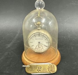 Antique Glass Dome Watch Stand With Pocket Watch - 5' Tall