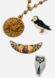 Laser-cut Wood Bird Necklace &wood Beads, Cloisonn Pendant, Hand-carved Wood Penguin Pin, Metal Owl