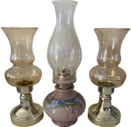 Decorative Floral Oil Lamp From Kaadan LTD And Two Matching CandleStick Holders With Glass Covers 14.5 & 12