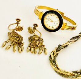 Vintage Multi-colored Metal Chain, Ladies Black With Goldtone Watch, Untested. Dangle Clip Earrings