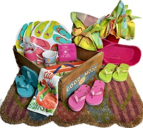 Summer Flip-flop Decor Collection Including Good Mood Box, Lifes A Beach Mug, Plastic Plates, Welcome Mat