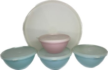 1960s Tupperware Lazy Susan Party Tray, Blue Tupperware Wanderlier Bowl , And Pink Tupperware Wanderlier Bowl