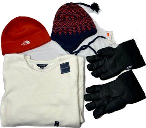 L Patagonia Snow Gloves With Tags, XL Lands End Sweater With Tags, North Face Beanie, Knit Wool Hat