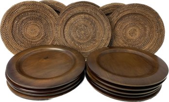 Wood Platters (9), Woven Rattan Charger Plates (6)