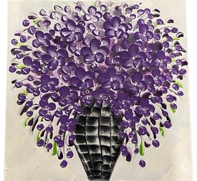 Stunning Original Acrylic Art, Purple Flowers And Black Vase - 23.5x1x23.5