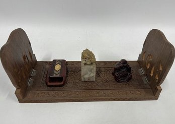 Wooden Bookends/bookshelves, And (3) Small Decor Figurines