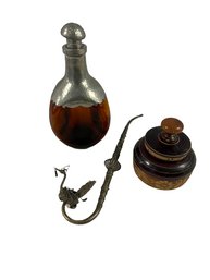 Decorative Decanter, Wooden Container, And Metal Peacock Pipe- Decanter Is 5x5x10, Pipe Is 13.5in