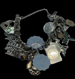 Silver Charm Bracelet, Chain And Several Charms Marked Sterling